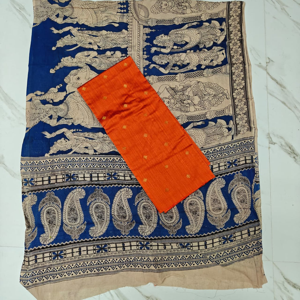 Unstitched Raw Silk Salwar Suit Material with Kalamkari Cotton Dupatta-KM03