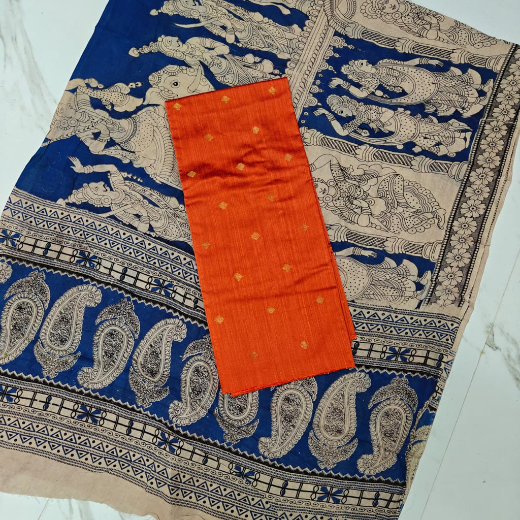Unstitched Raw Silk Salwar Suit Material with Kalamkari Cotton Dupatta-KM03
