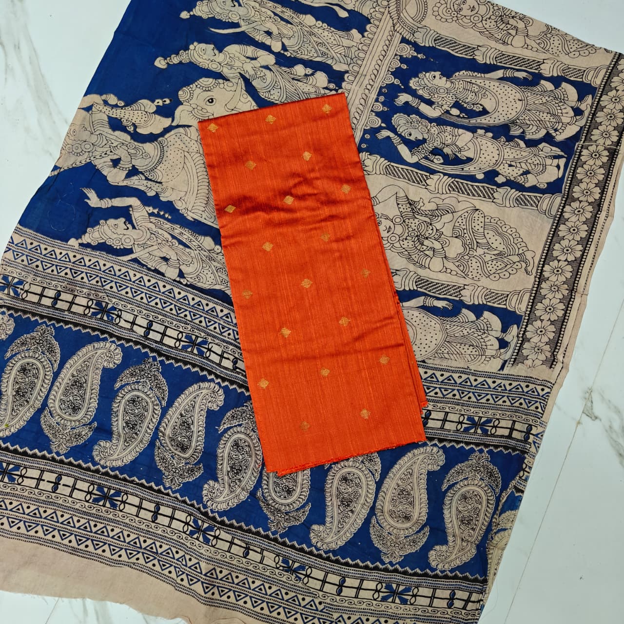 Unstitched Raw Silk Salwar Suit Material with Kalamkari Cotton Dupatta-KM03