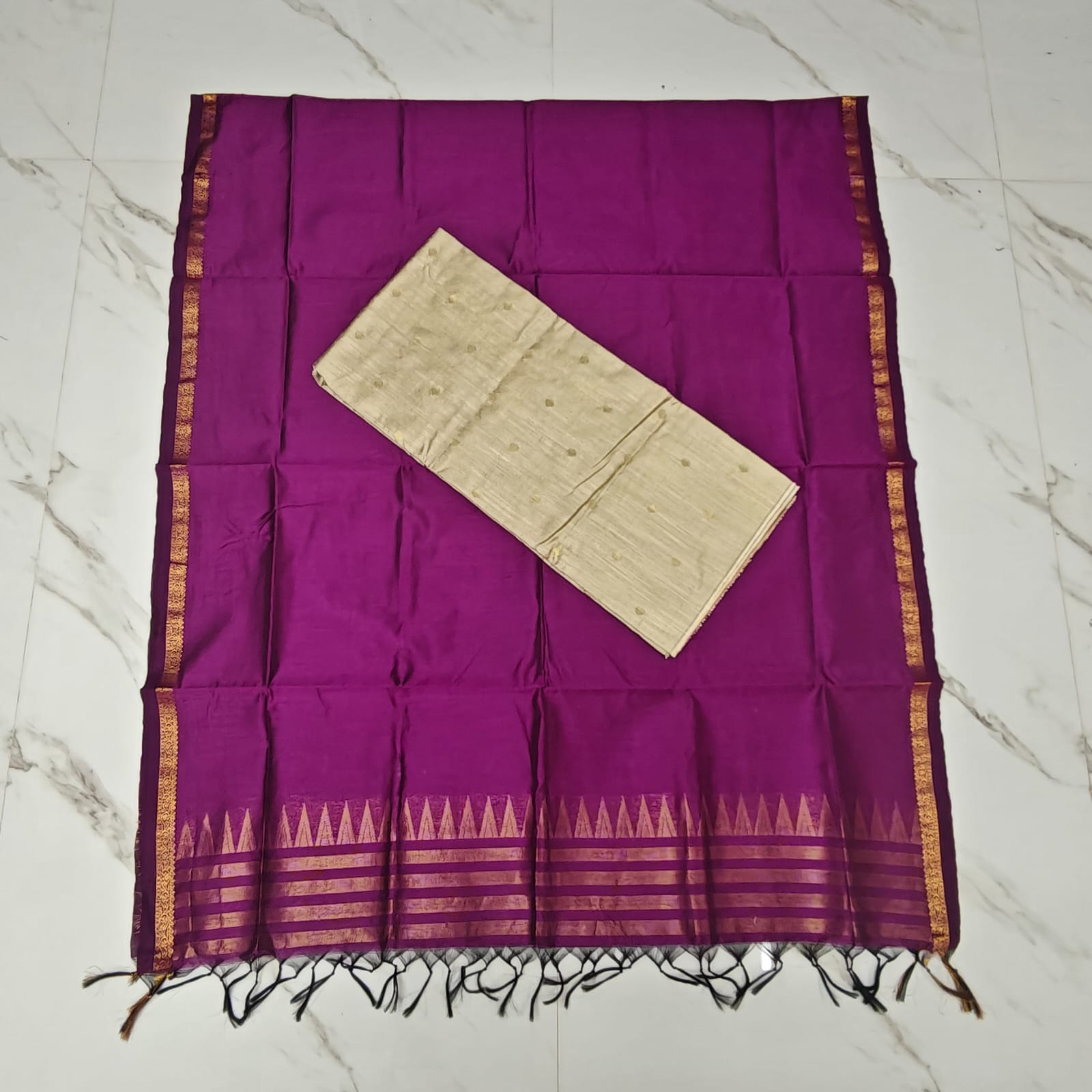 Raw Silk Top with Temple Border Shining Dupatta - TS13