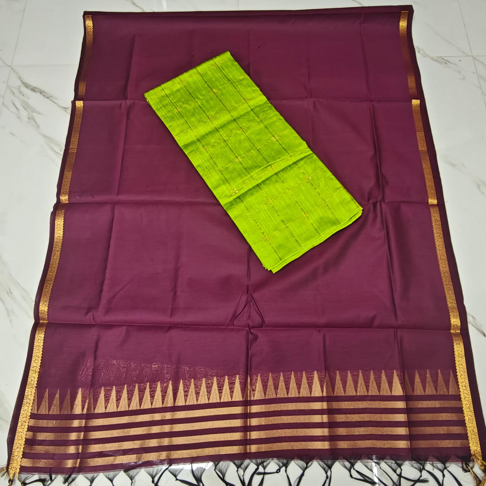 Raw Silk Top with Temple Border Shining Dupatta - TS14