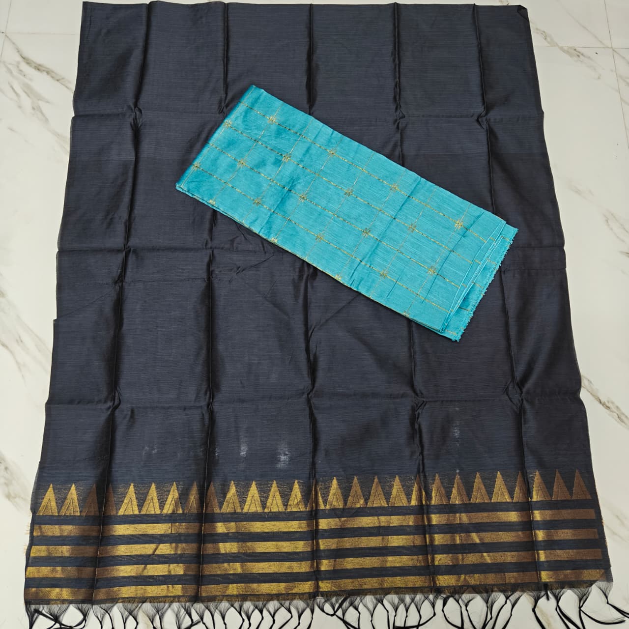Raw Silk Top with Temple Border Shining Dupatta - TS16