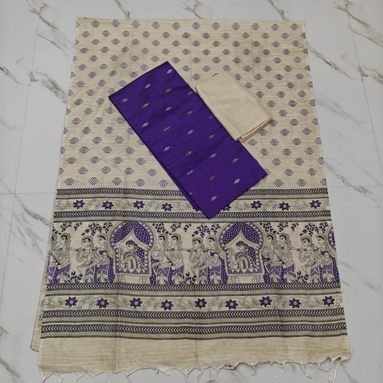 Madhubani Dupatta & Raw Silk Set - Red and Beige - MD08