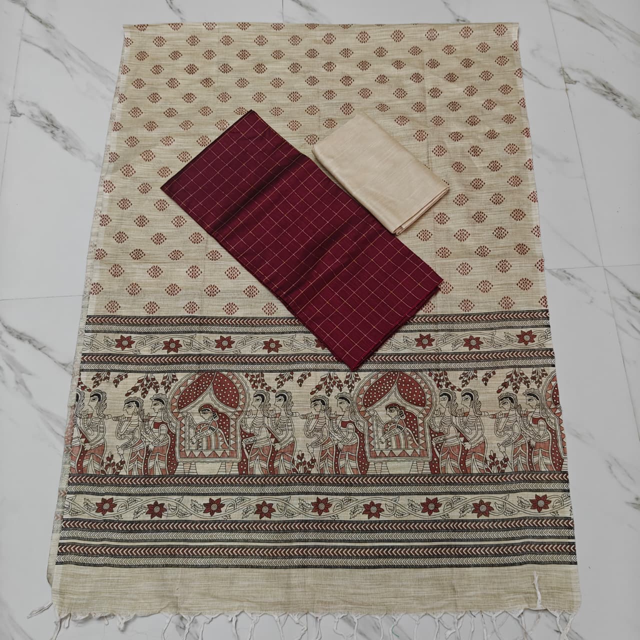 Madhubani Dupatta & Raw Silk Set - Red and Beige - MD09
