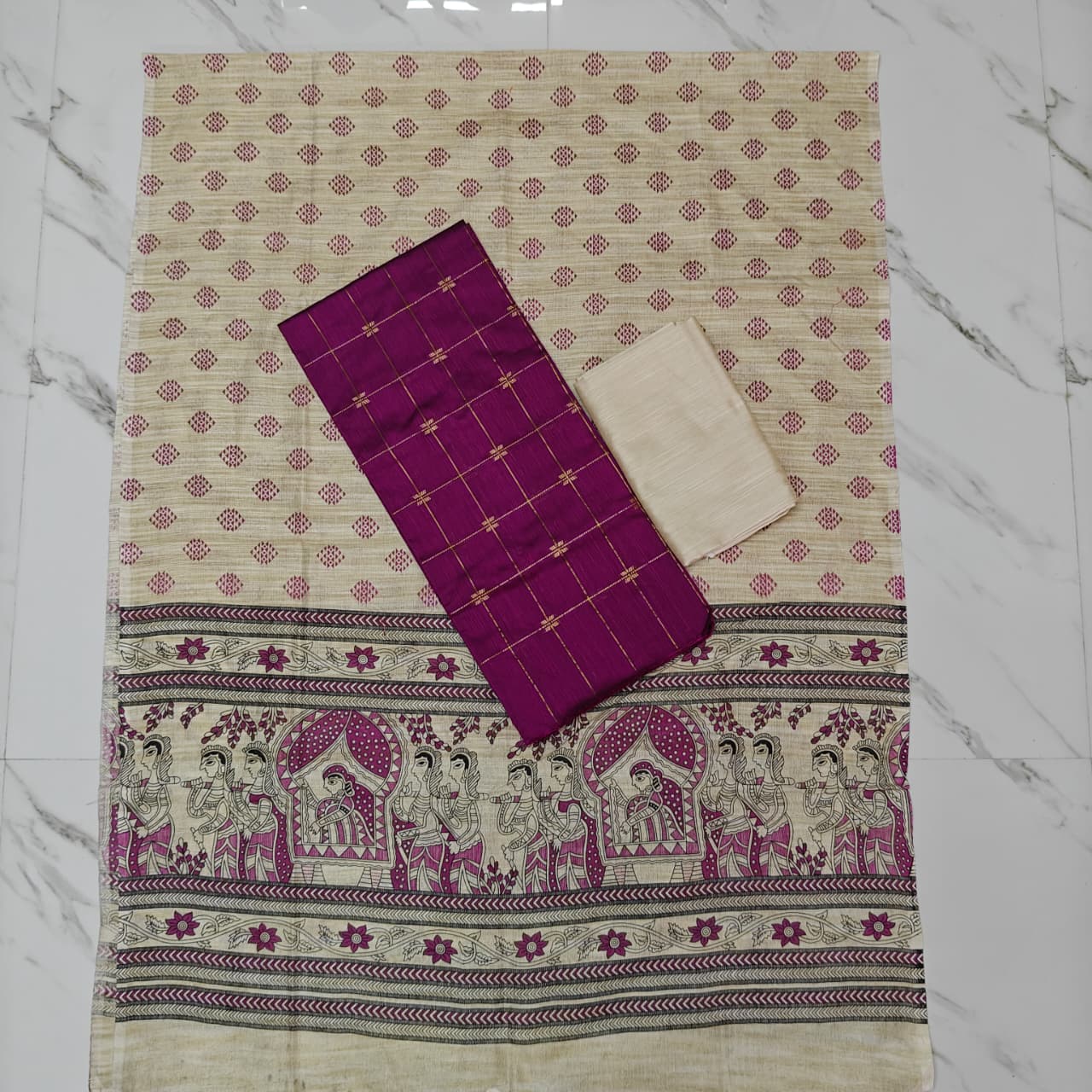 Madhubani Dupatta & Raw Silk Set - Red and Beige - MD10