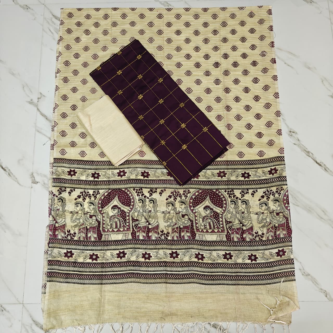 Madhubani Dupatta & Raw Silk Set - Red and Beige - MD13