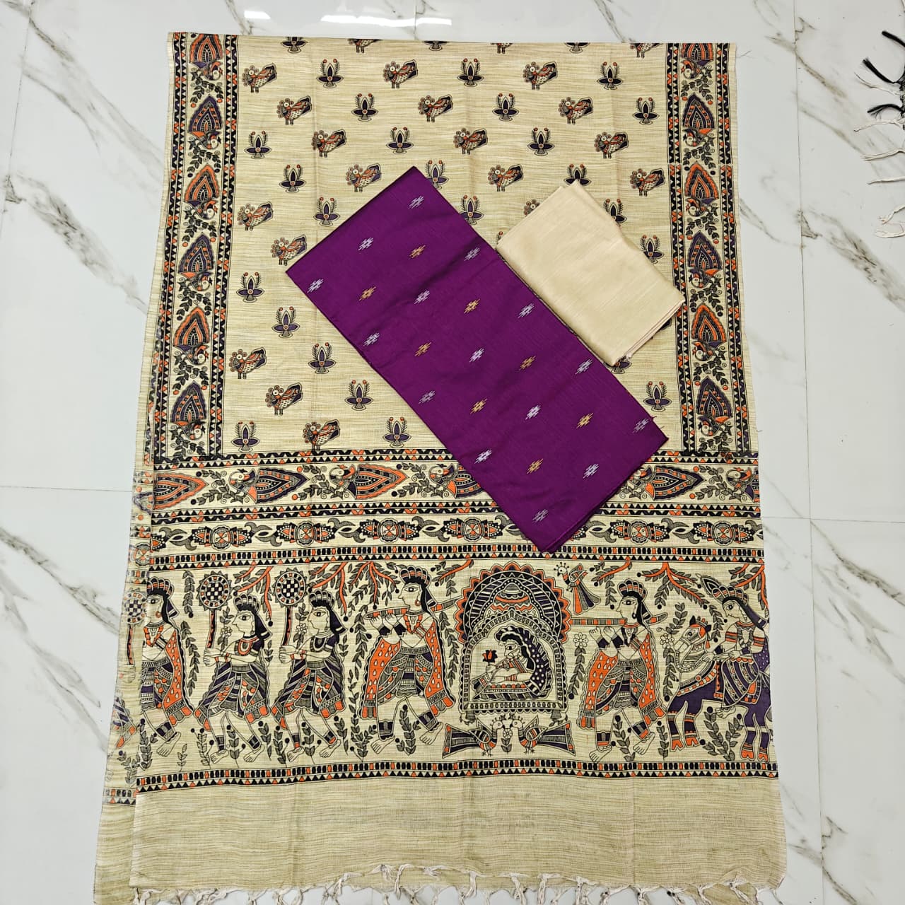 Madhubani Dupatta & Raw Silk Set - Red and Beige - MD14