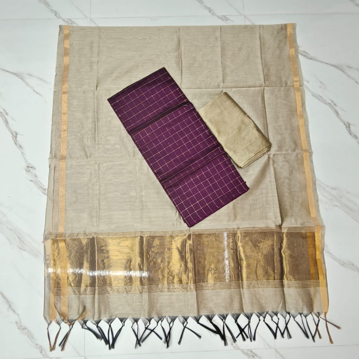Raw Silk Top with TISSUE BORDER duppata set  - TB04