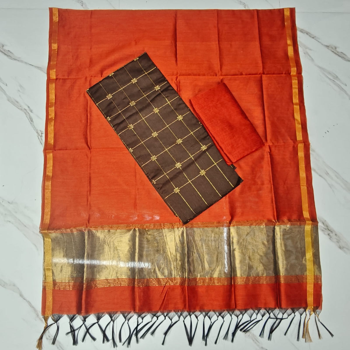 Raw Silk Top with TISSUE BORDER duppata set  - TB05