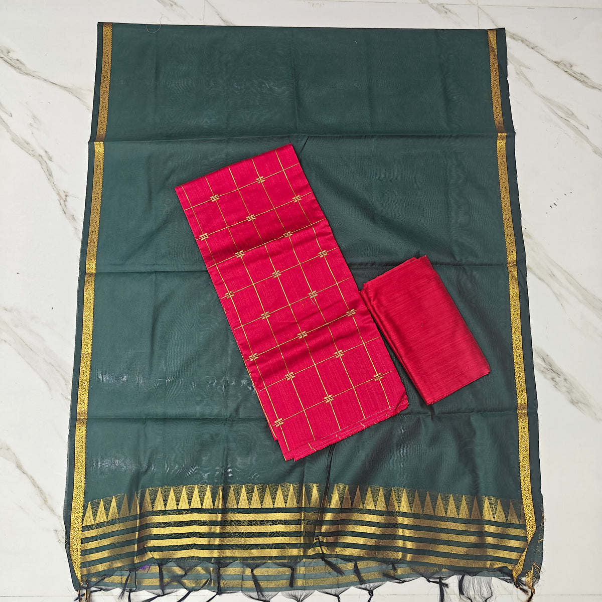Raw Silk Top with Temple Shining duppata set  - TS22