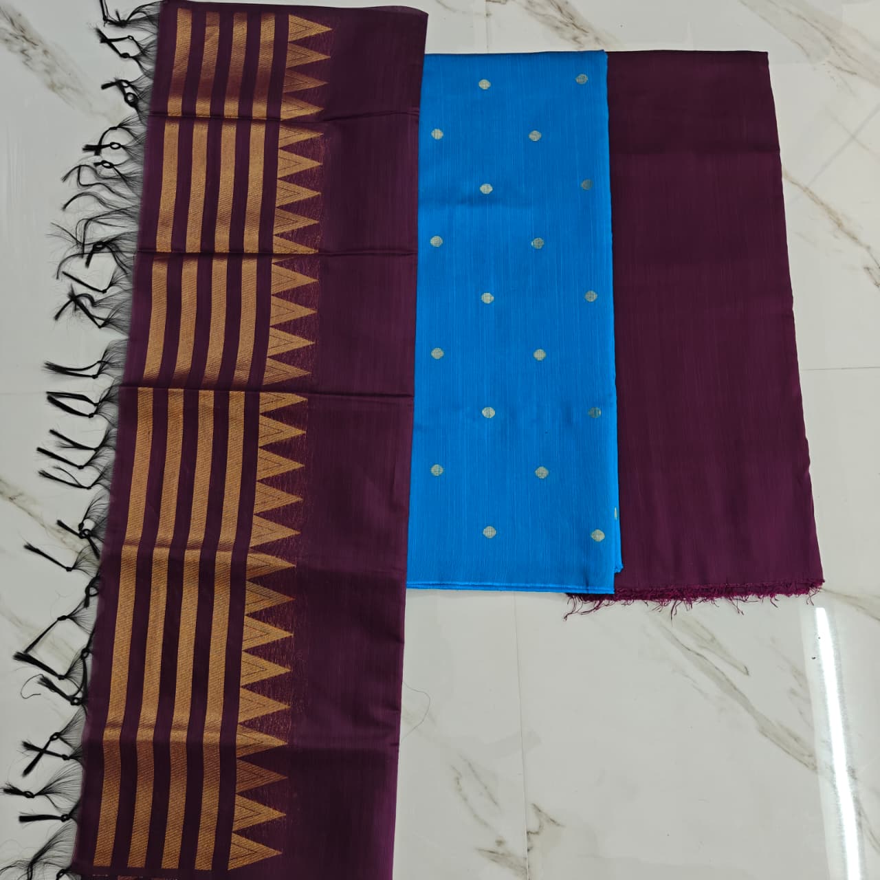 Raw silk chudi material - Blue & wine
