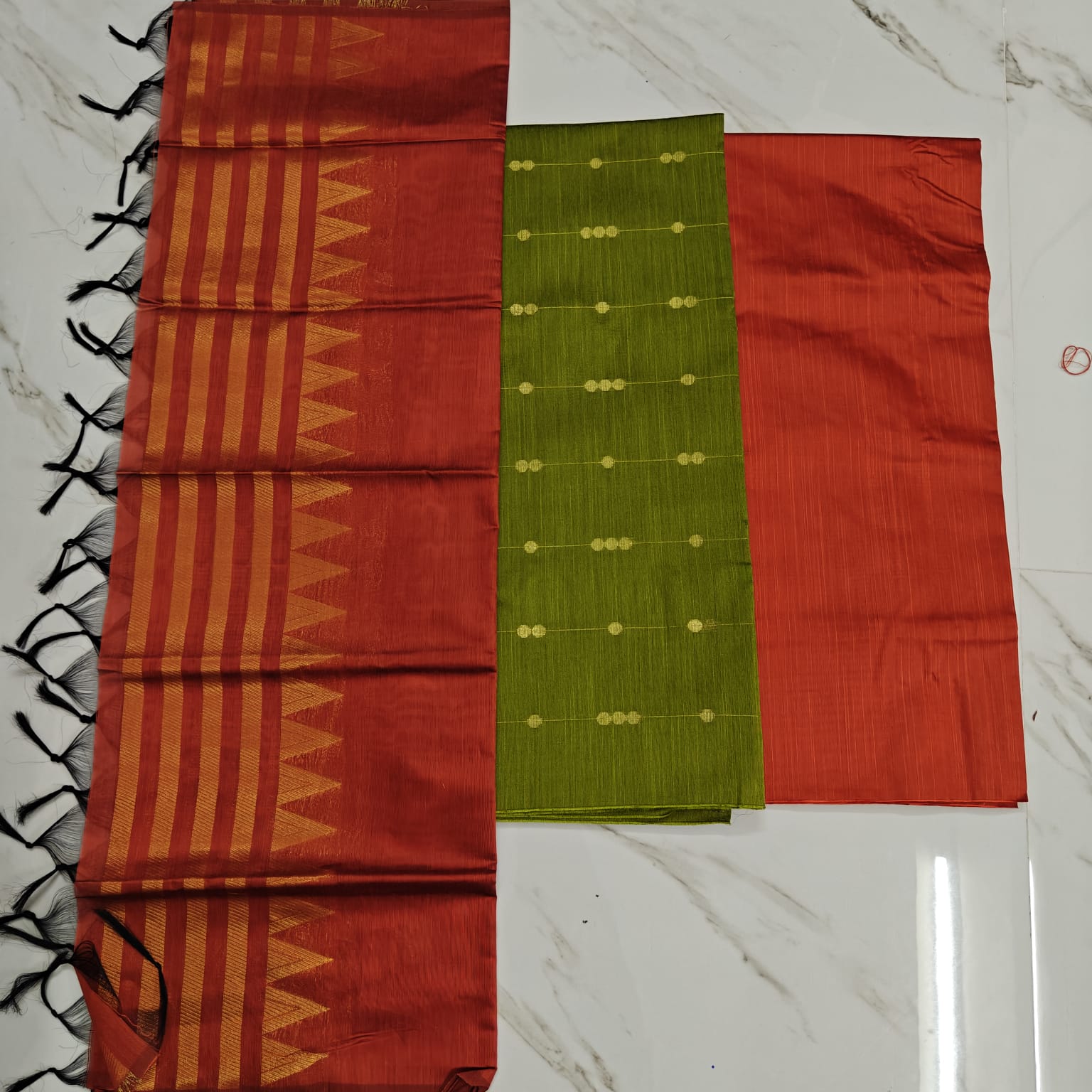 Raw silk chudi material-Olive green & Orange