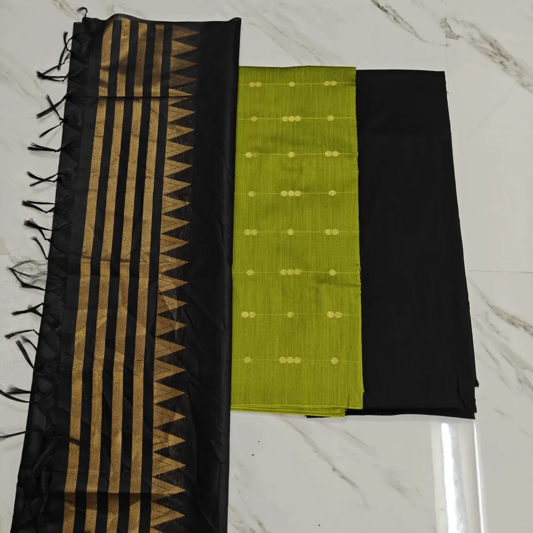 Raw silk chudi material - Olive green chain Top, Black Tower duppata and plain black pant