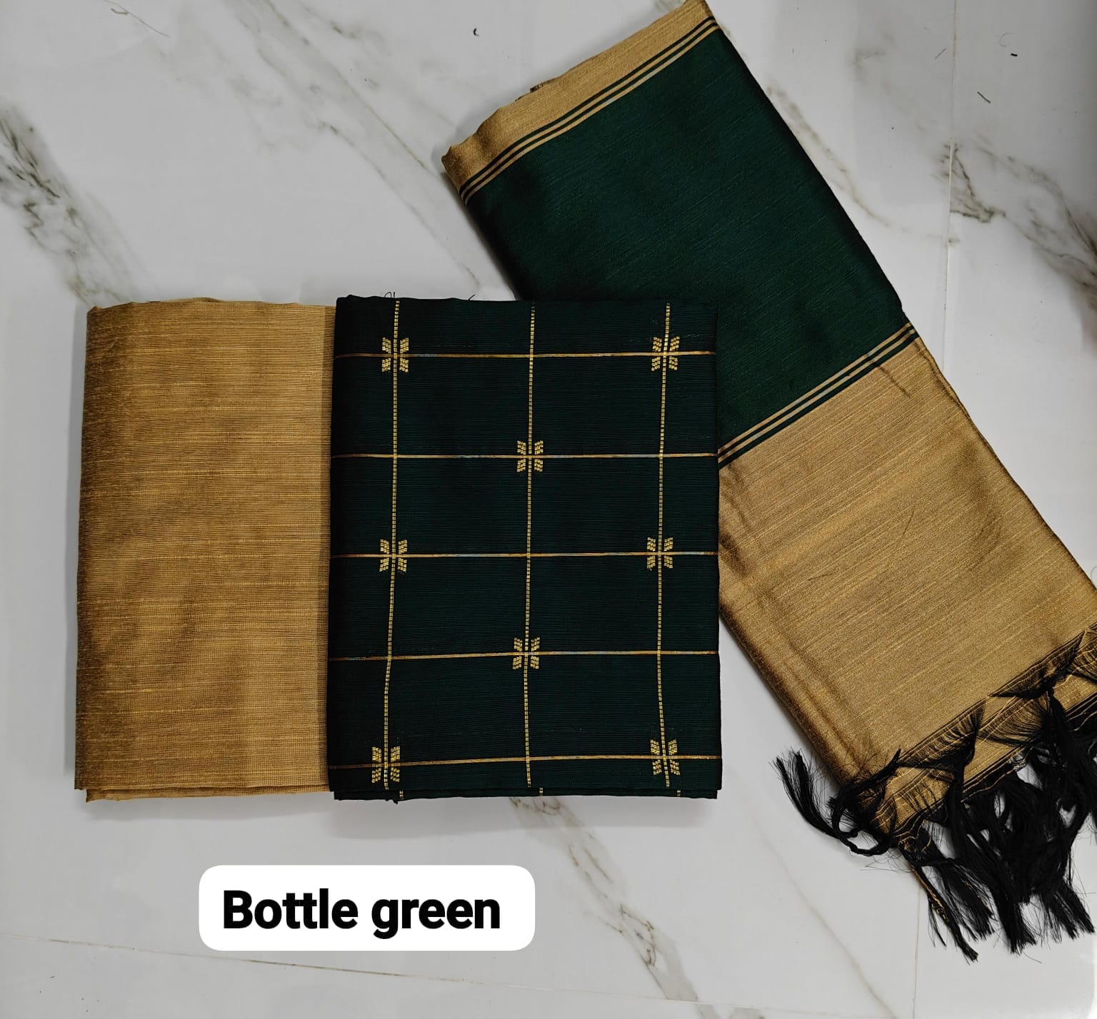 Raw silk chudi material - Bottle green checks top, Tusser with bottle green border duppata and Tusser colour pant