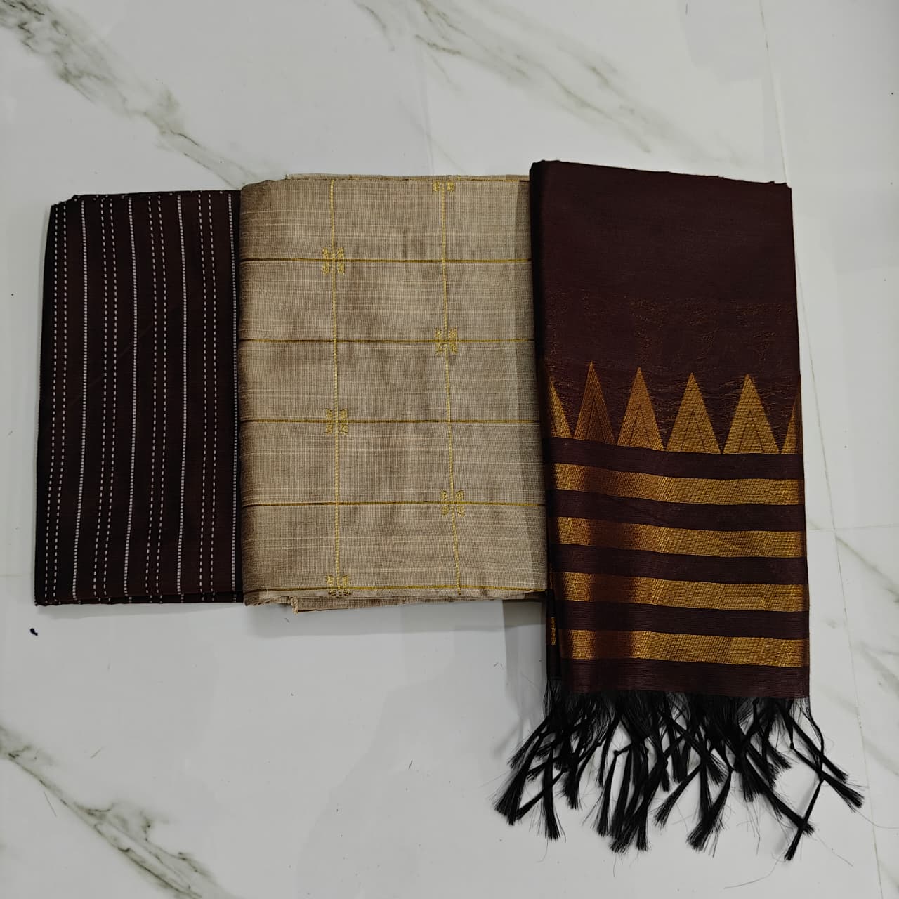 Raw silk chudi material - Tusser colour flower checked top, brown stripe pant & brown tower duppata