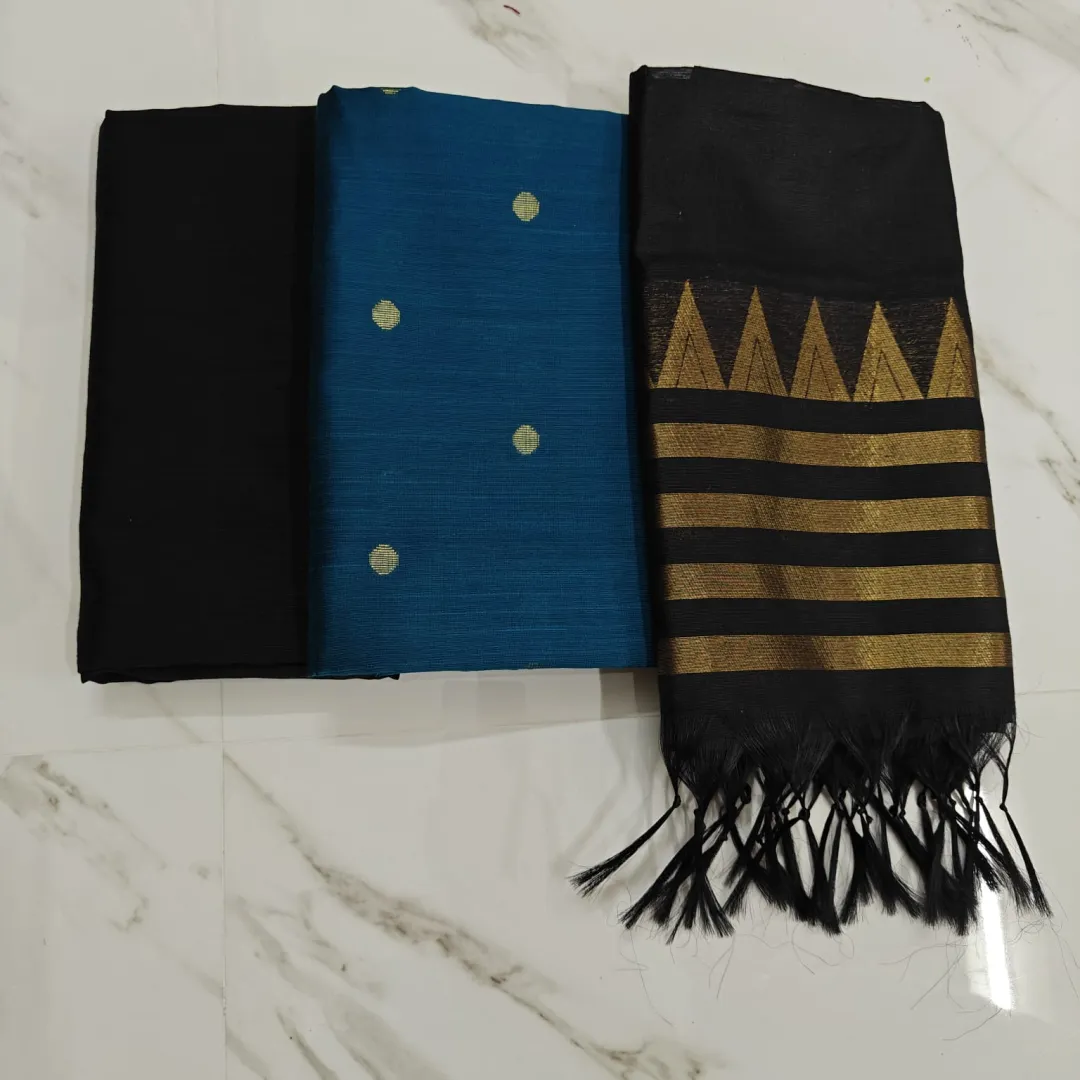 Raw Silk Salwar Materials - teal blue round butta, black tower duppata and plain pant