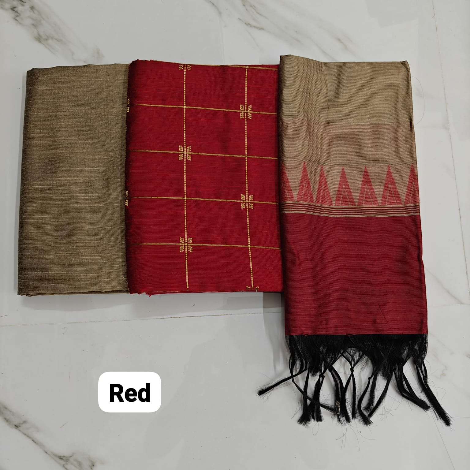 Raw Silk Salwar Materials - red flower checked, tusser plain pant & tower tusser duppata with temple red border