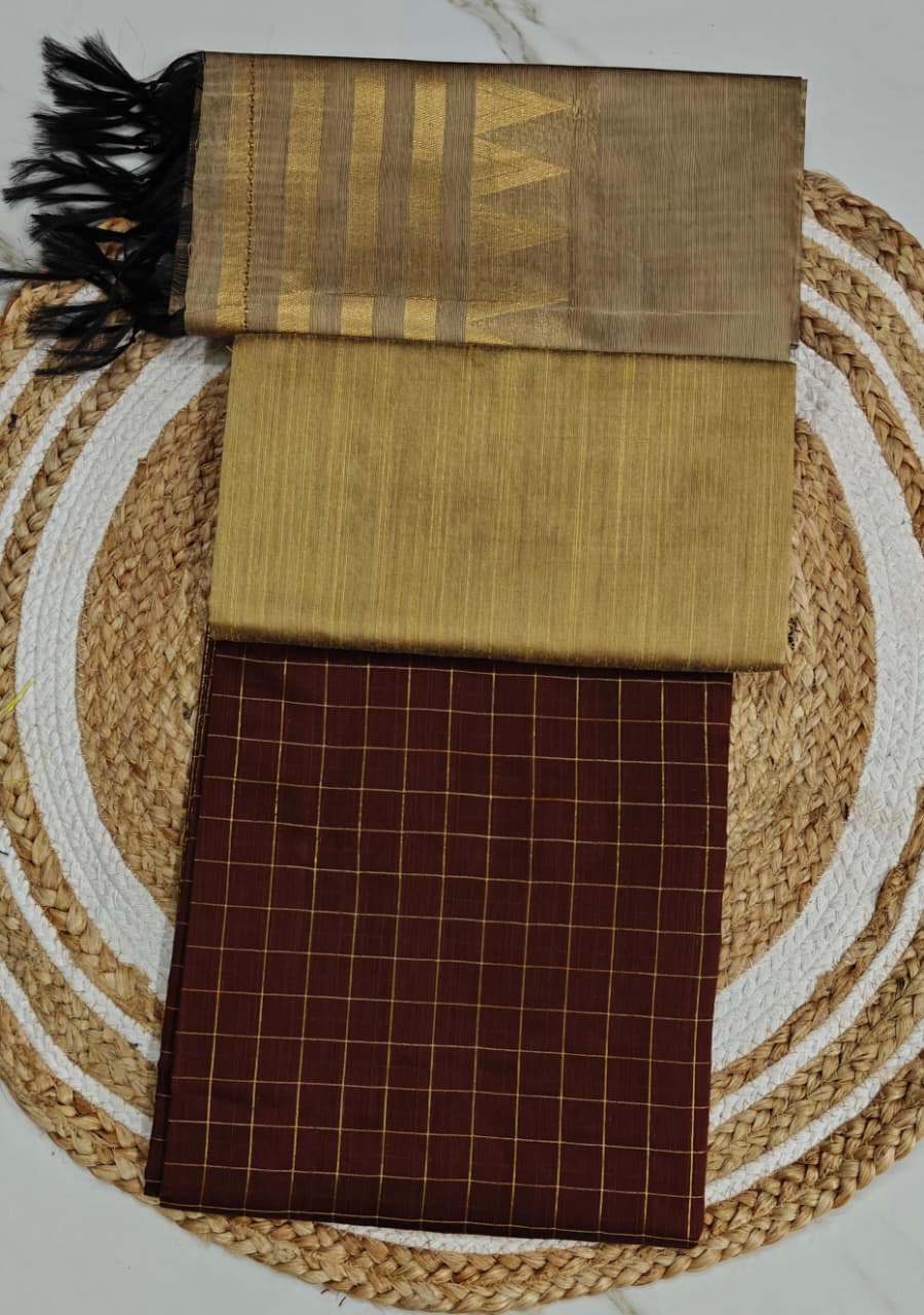 Raw Silk Salwar Materials - COFFEE BROWN SMALL CHECKED TOP,  GOLD PLAIN PANT & GOLDEN TOWER DUPPATA