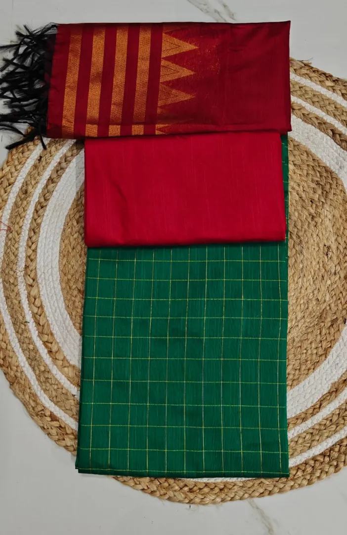 Raw Silk Salwar Materials - GREEN SMALL CHECKED TOP, RED PLAIN PANT & RED TOWER DUPPATA