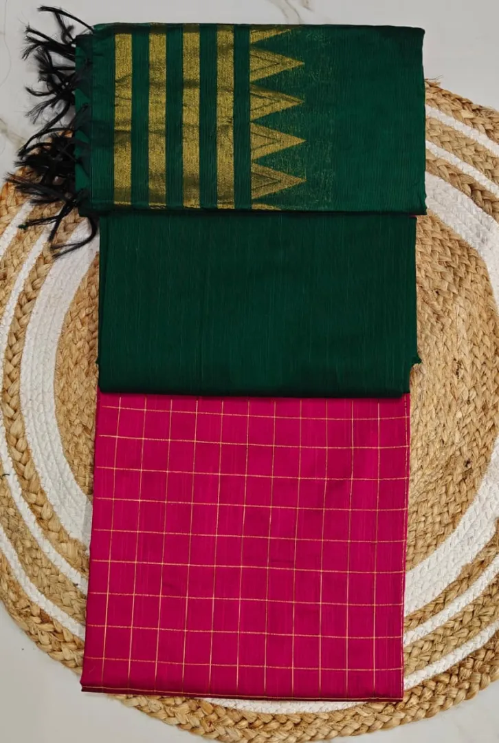 Raw Silk Salwar Materials -  pink small checked top, bottle green tower duppata & b.green plainn pant