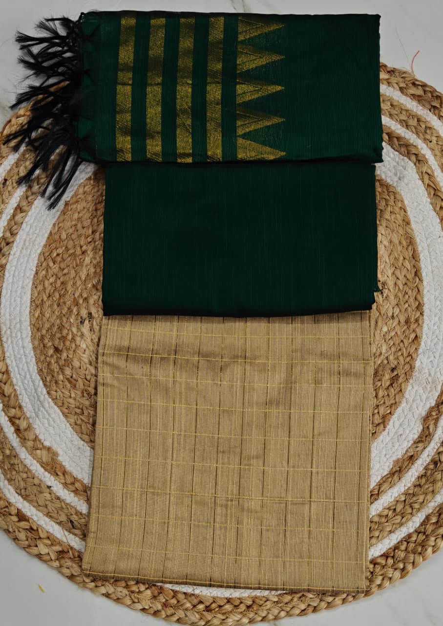 Raw Silk Salwar Materials -  tusser small checked top, bottle green tower duppata & plain pant