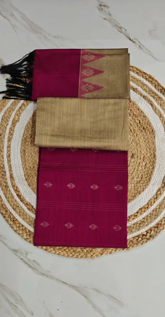 Raw Silk Salwar Materials -  DARK PINK TOP, tower sandal tuppata & pant