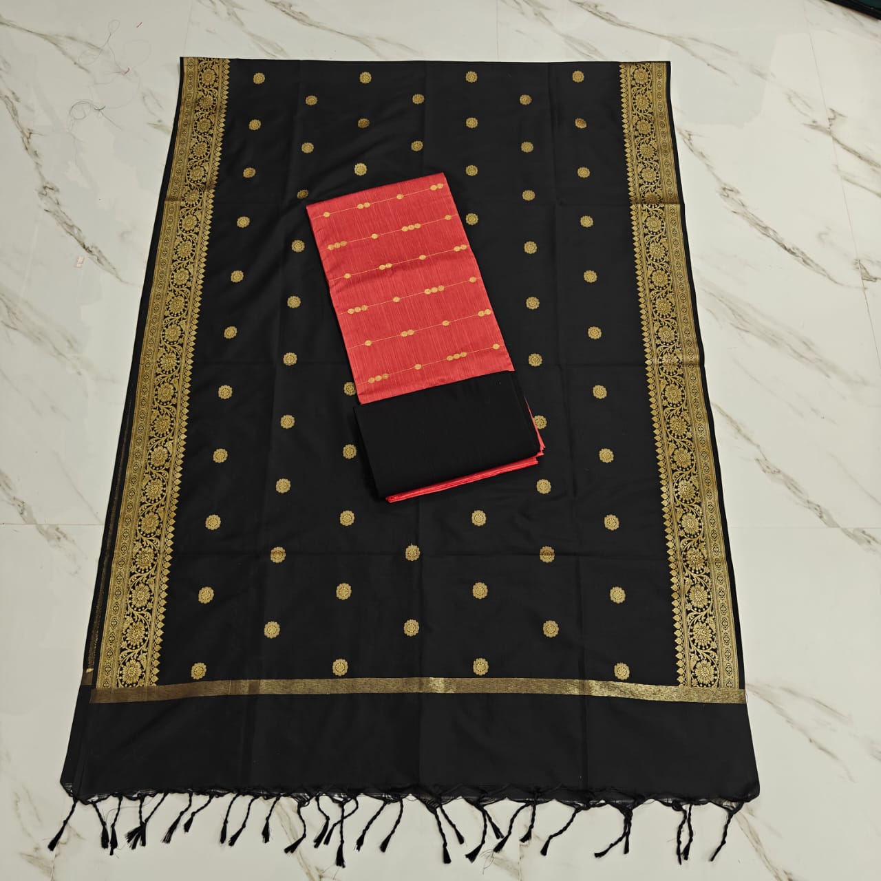 Raw Silk Jaquard banrasi duppata set - Kanagambaram & black