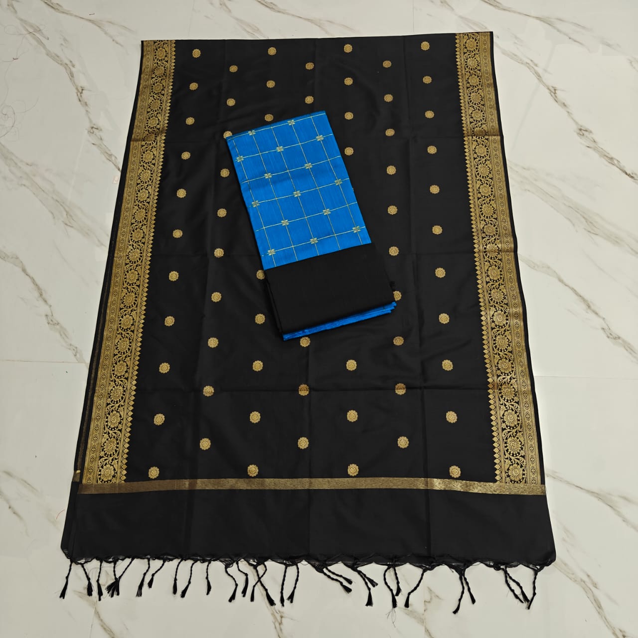Raw Silk Jaquard banrasi duppata set - Skyblue & black