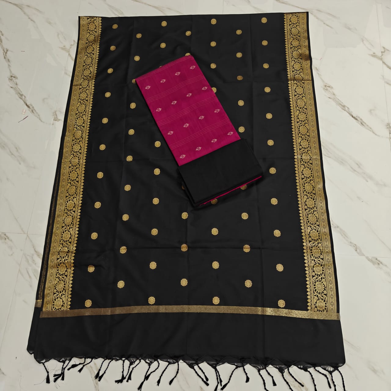 Raw Silk Jaquard banrasi duppata set - Vadamalli striple butta top  & black
