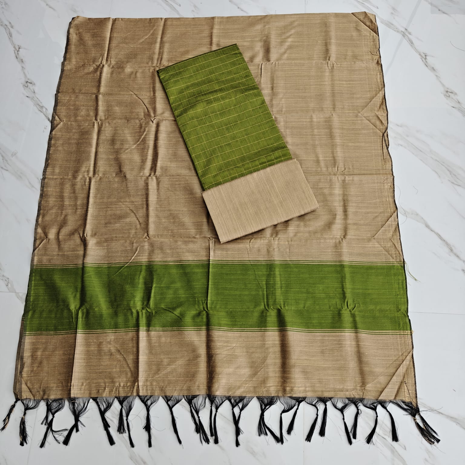 Raw Silk Salwar Materials - OLIVE GREEN SMALL CHECKED & PLAIN SET