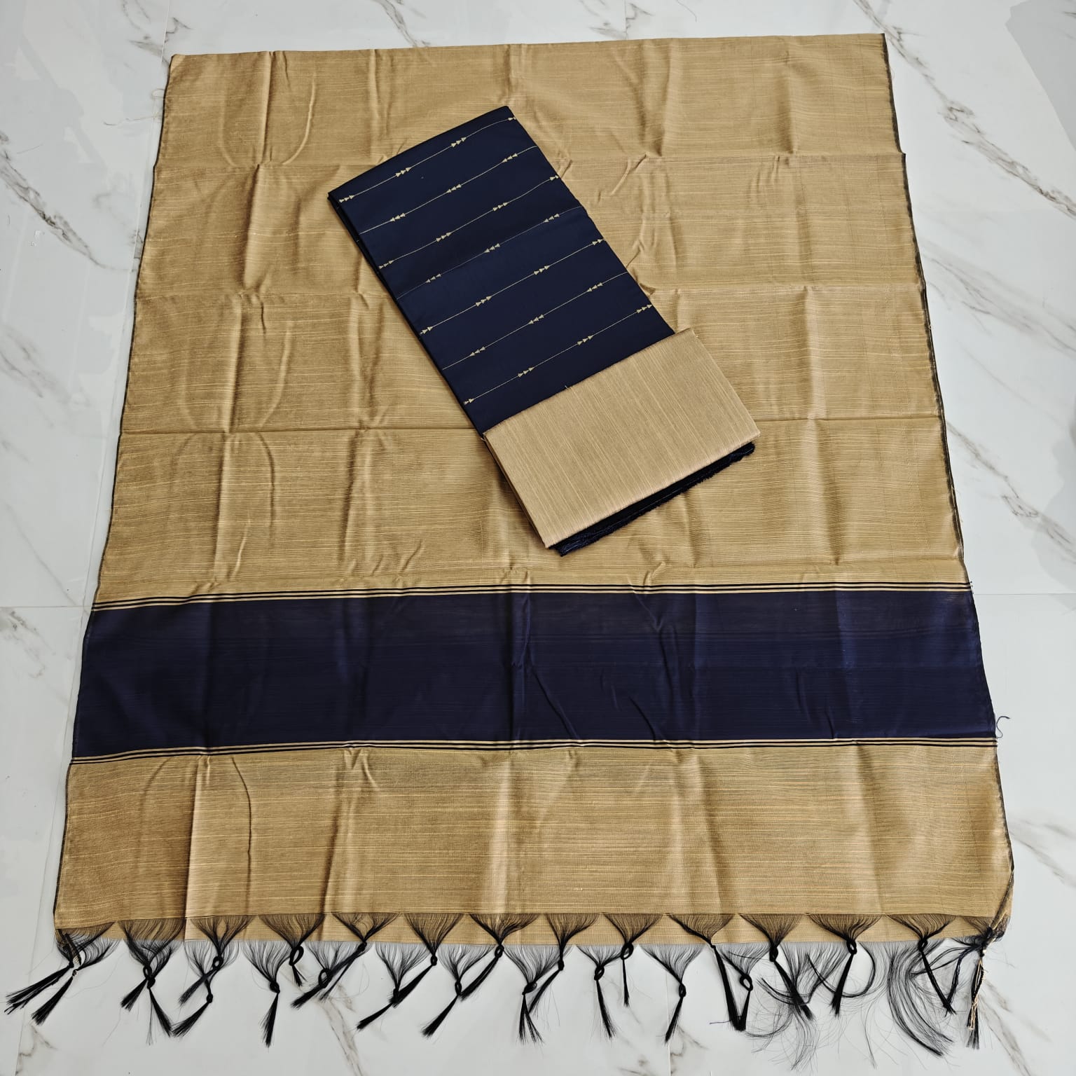 Raw Silk Salwar Materials - NAVY BLUE ZARI ARROW & PLAIN SET
