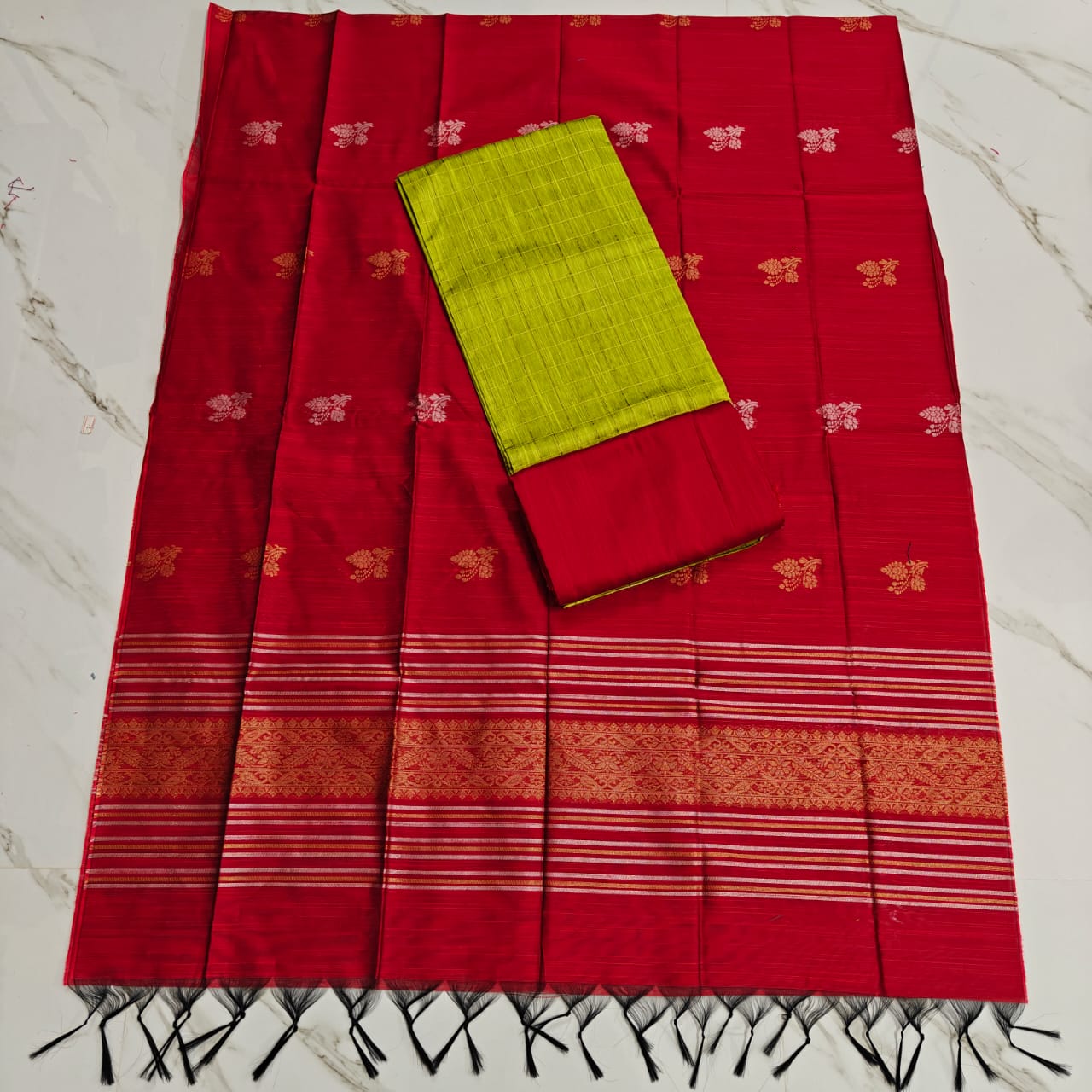 JAQUARD DUPPATA SET - RED DUPPATA & LIGHT GREEN SMALL CHECKED TOP SET