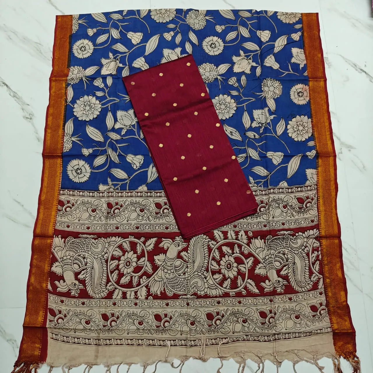 Chennuri silk nizam border kalamkari duppata ROYAL BLUE,MAROON & Top (MAROON)