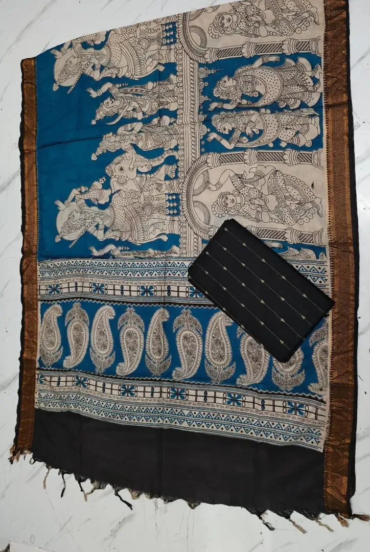 Chennuri silk nizam border kalamkari duppata TEAL BLUE