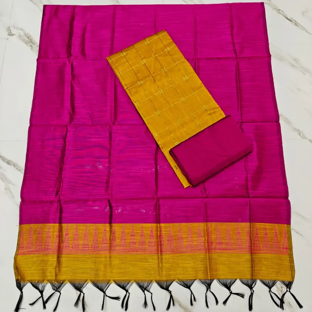 Raw silk chudi material- GOLD (FC) TOP, RANI PINK TEMPLE DUP & PANT