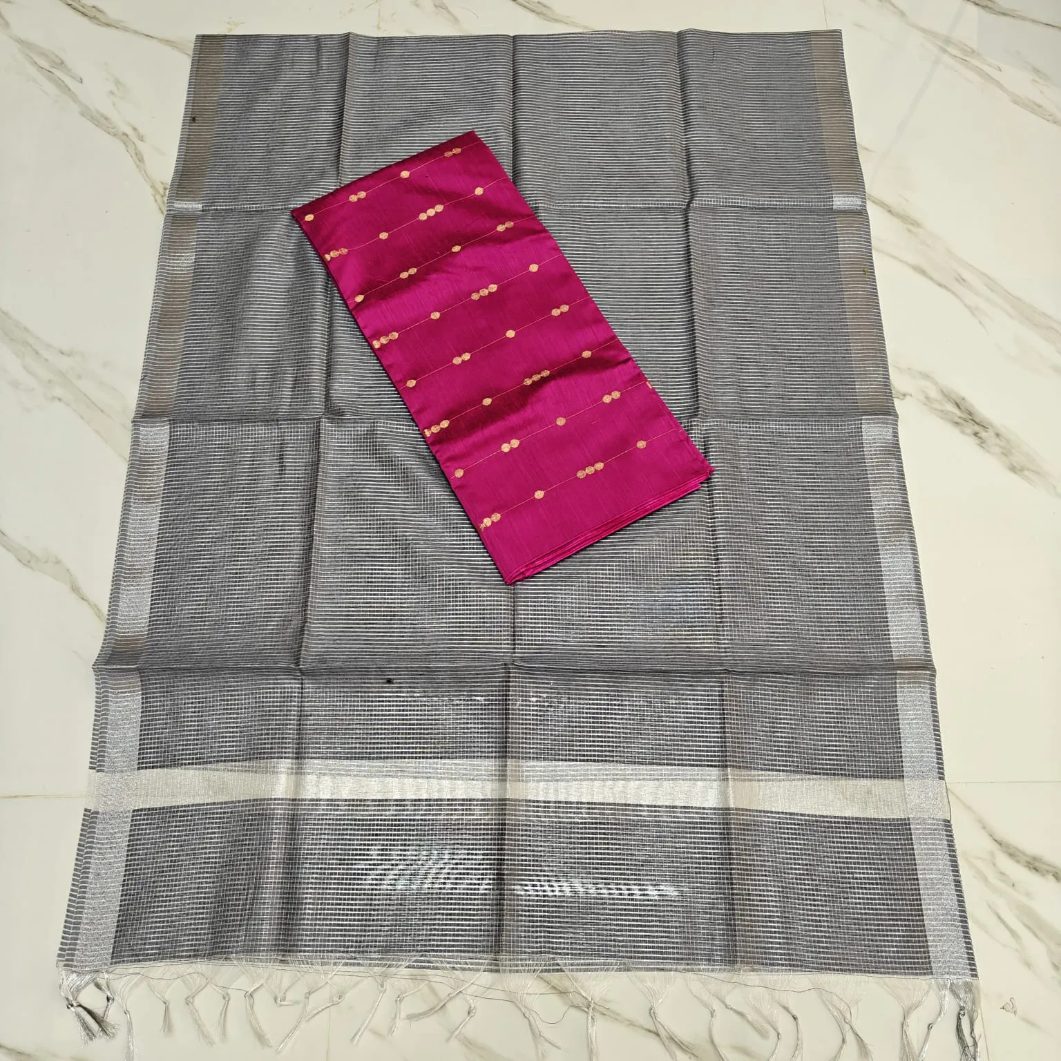 RAW SILK TOP & LIGHT GREY BANARASI DUPATTA
