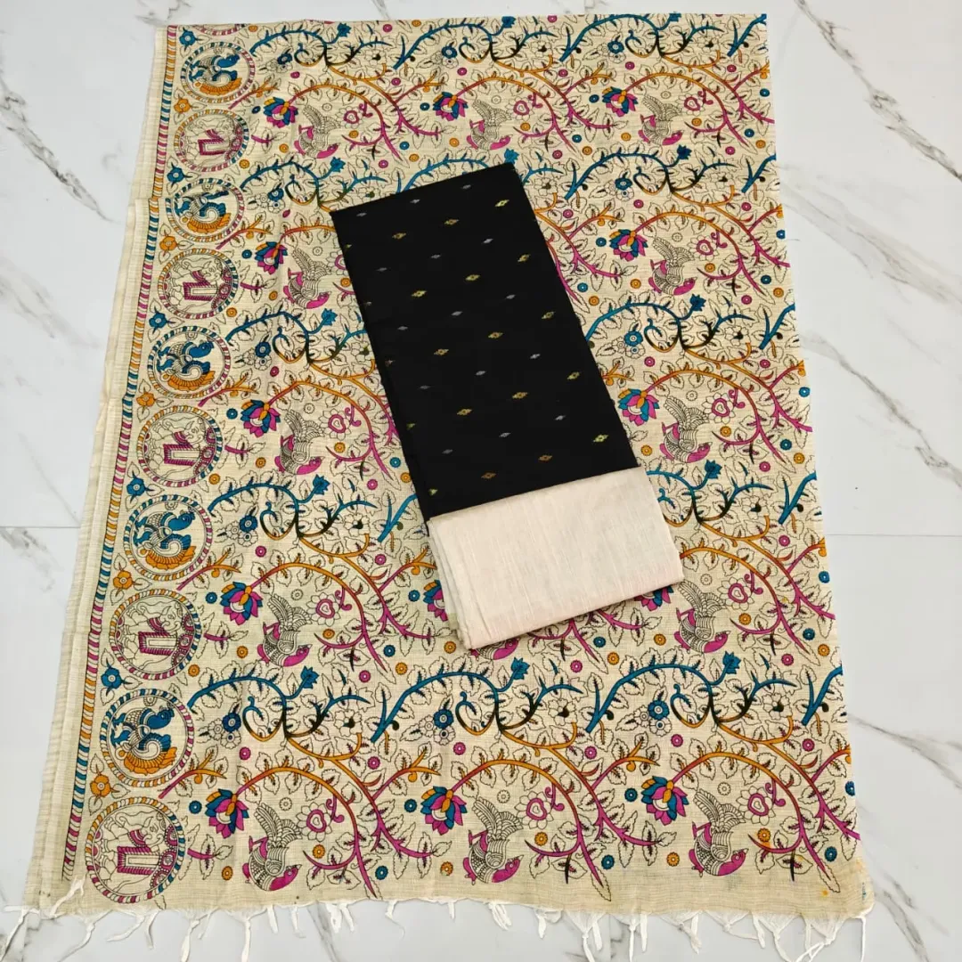 RAW SILK WITH KALAMKARI PRINTED DUPPATA -BLACK