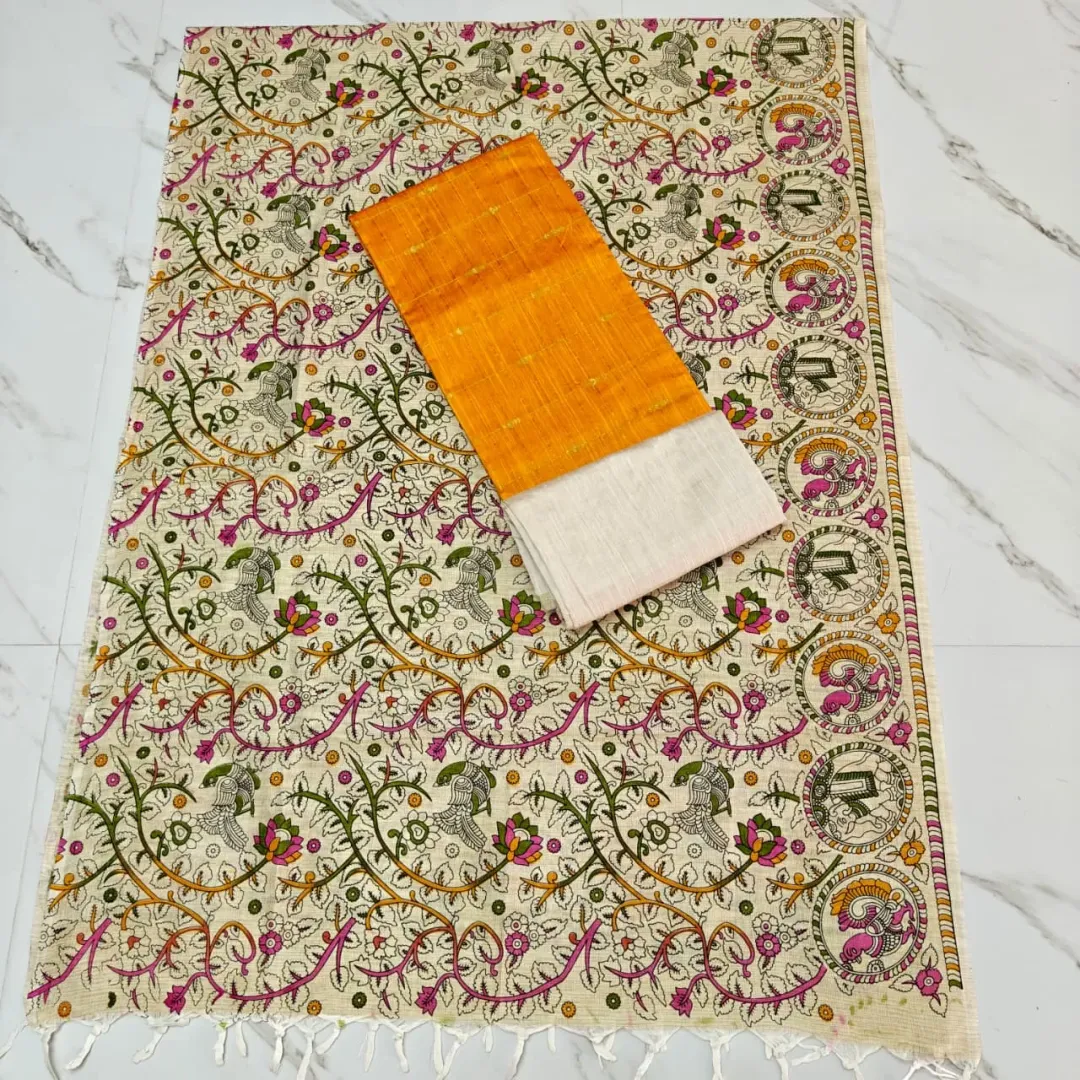 RAW SILK WITH KALAMKARI PRINTED DUPPATA - MANGO YELLOW